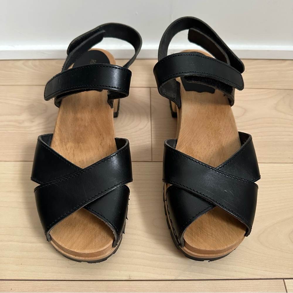 Swedish Hasbeens Leather Platform Sandals Wood Clog Heel Adjustable Velcro - Picture 3 of 12